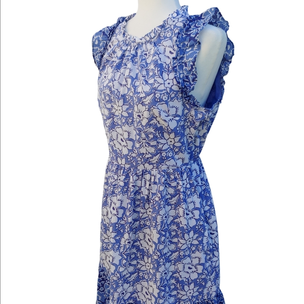J. Crew Cotton Tiered Ruffle Midi Dress Blue Floral Women's size 10 - Picture 3 of 17